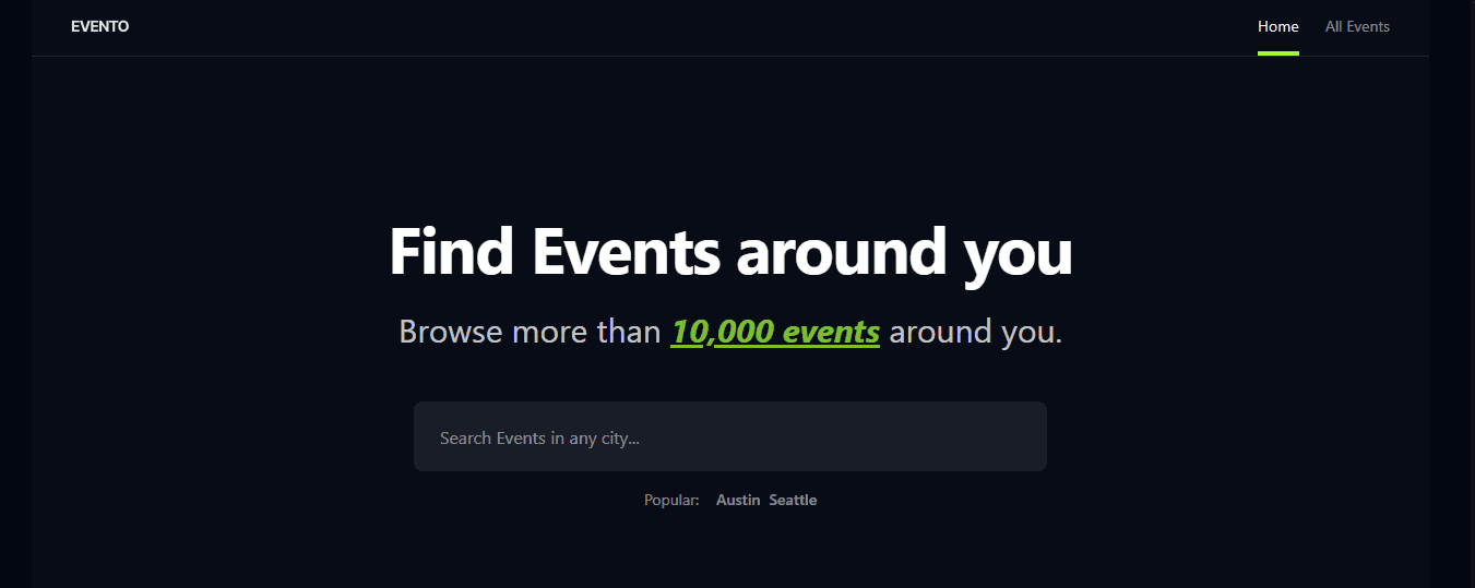 Event discovery platform showing events in Seattle and Austin with real-time search